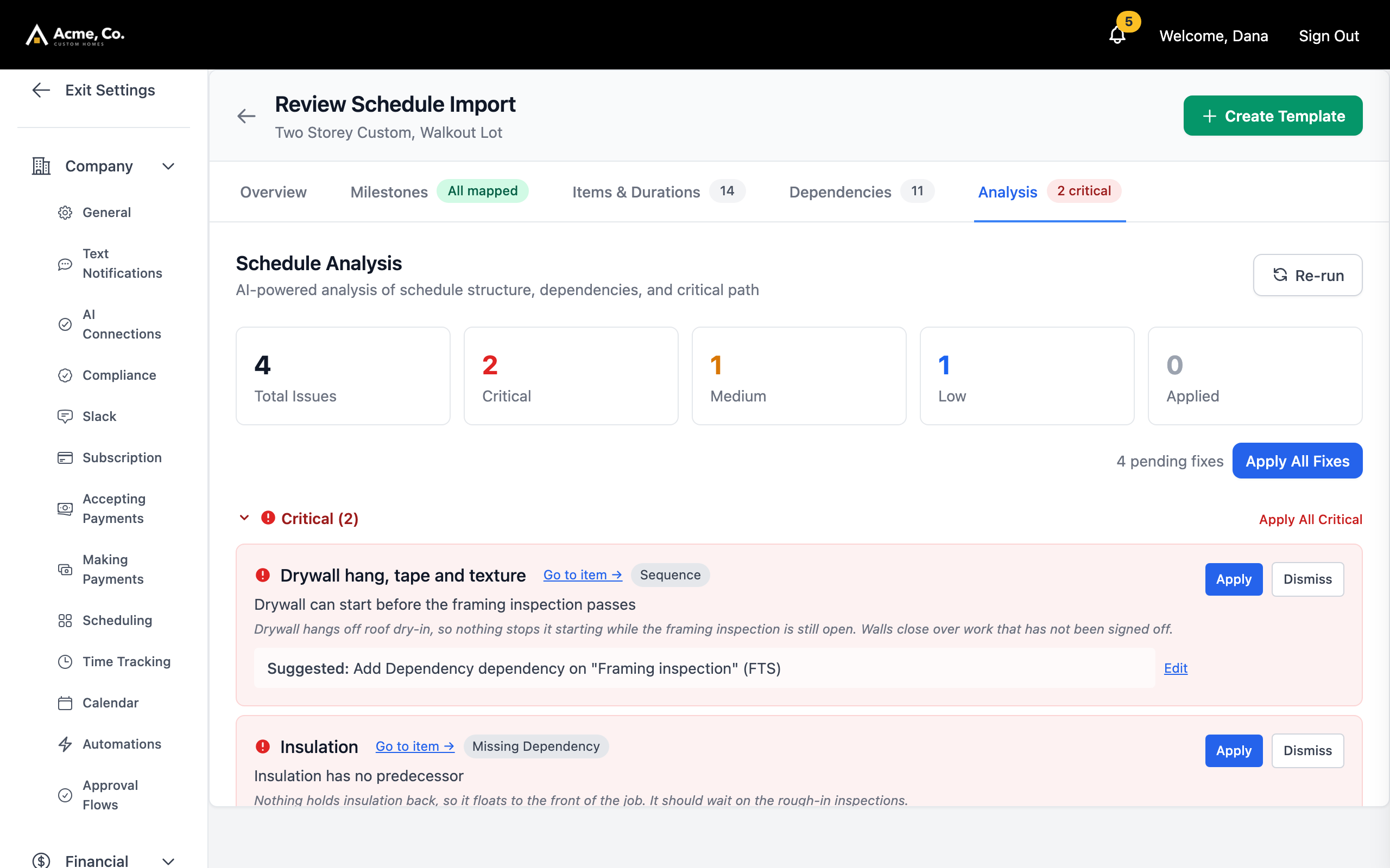 An imported schedule's analysis, with the critical issues and their suggested fixes