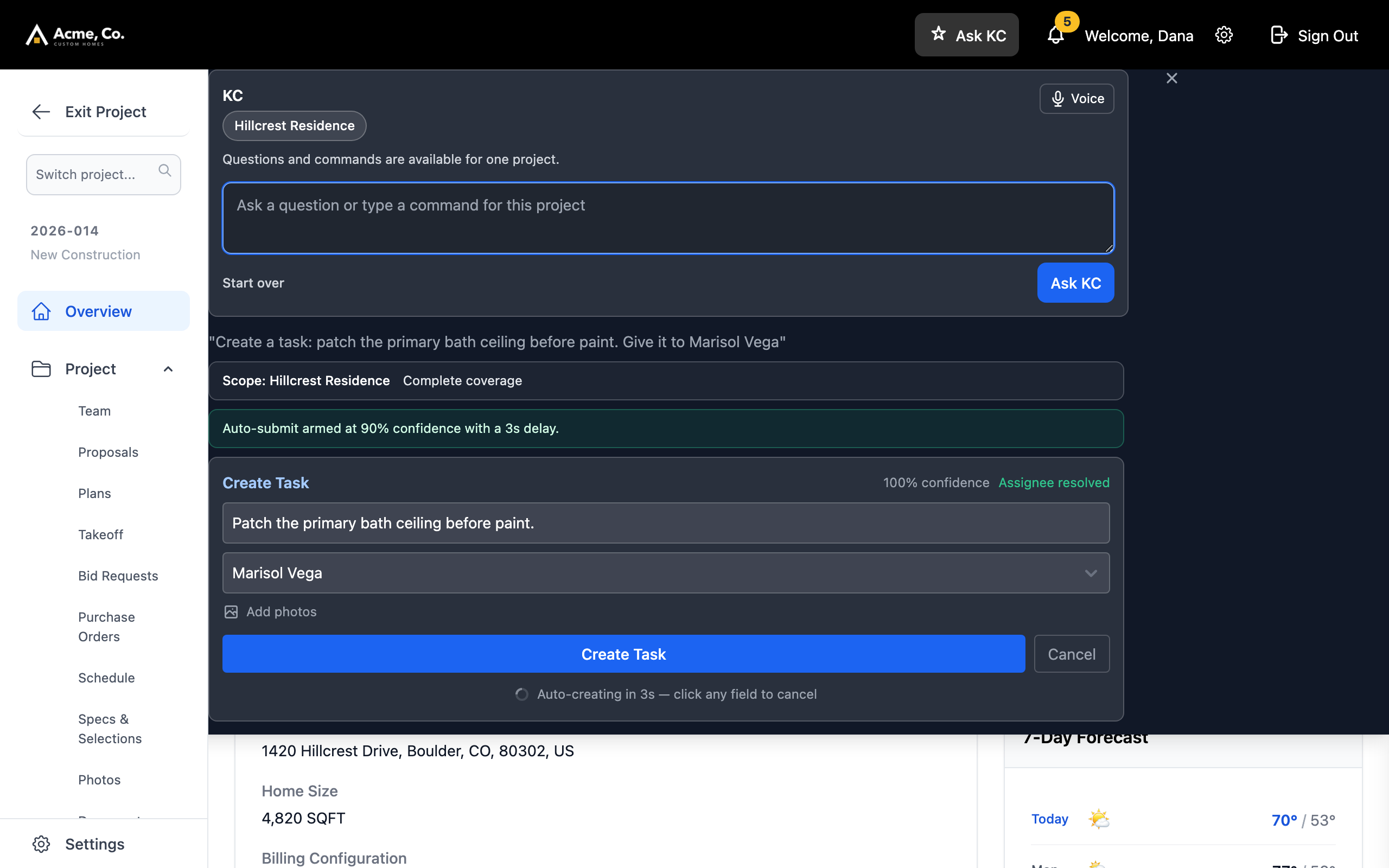 A spoken task read back, assigned, and waiting on one tap