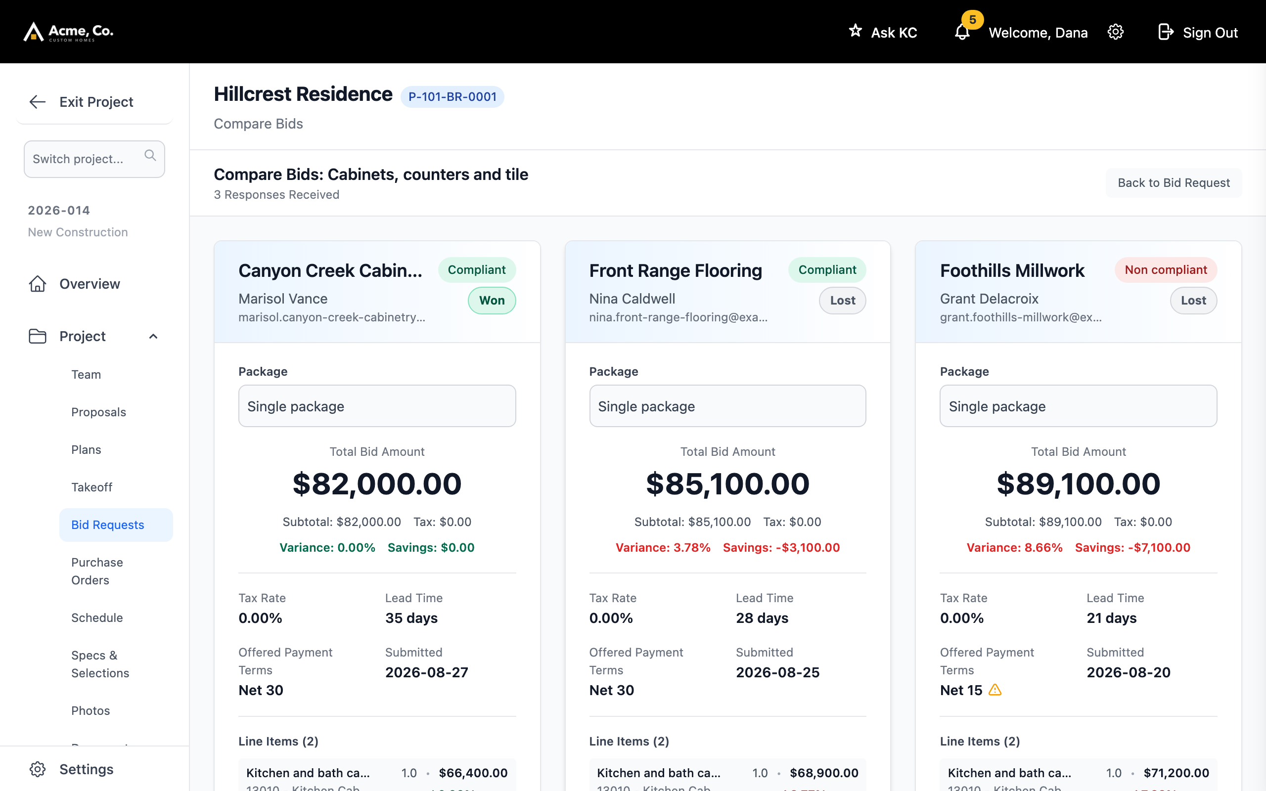 Three quotes on one scope side by side, with price, lead time and terms