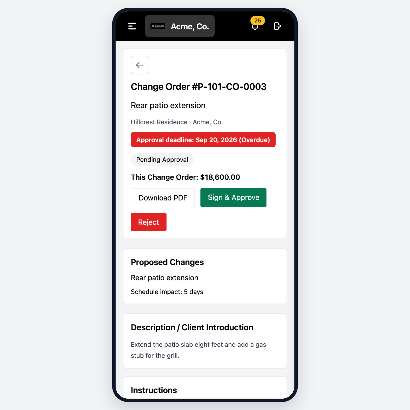 The homeowner's phone, with the approval deadline overdue and Sign & Approve