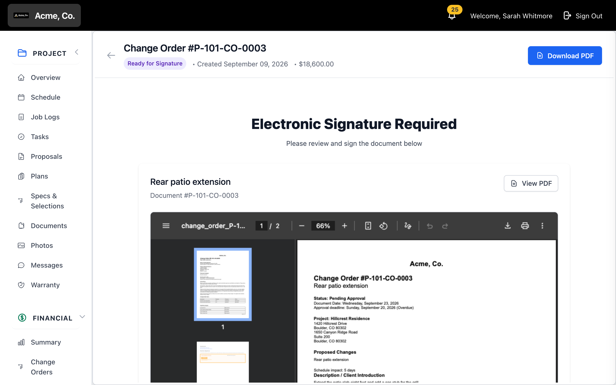The homeowner's signing page, with the change order PDF open