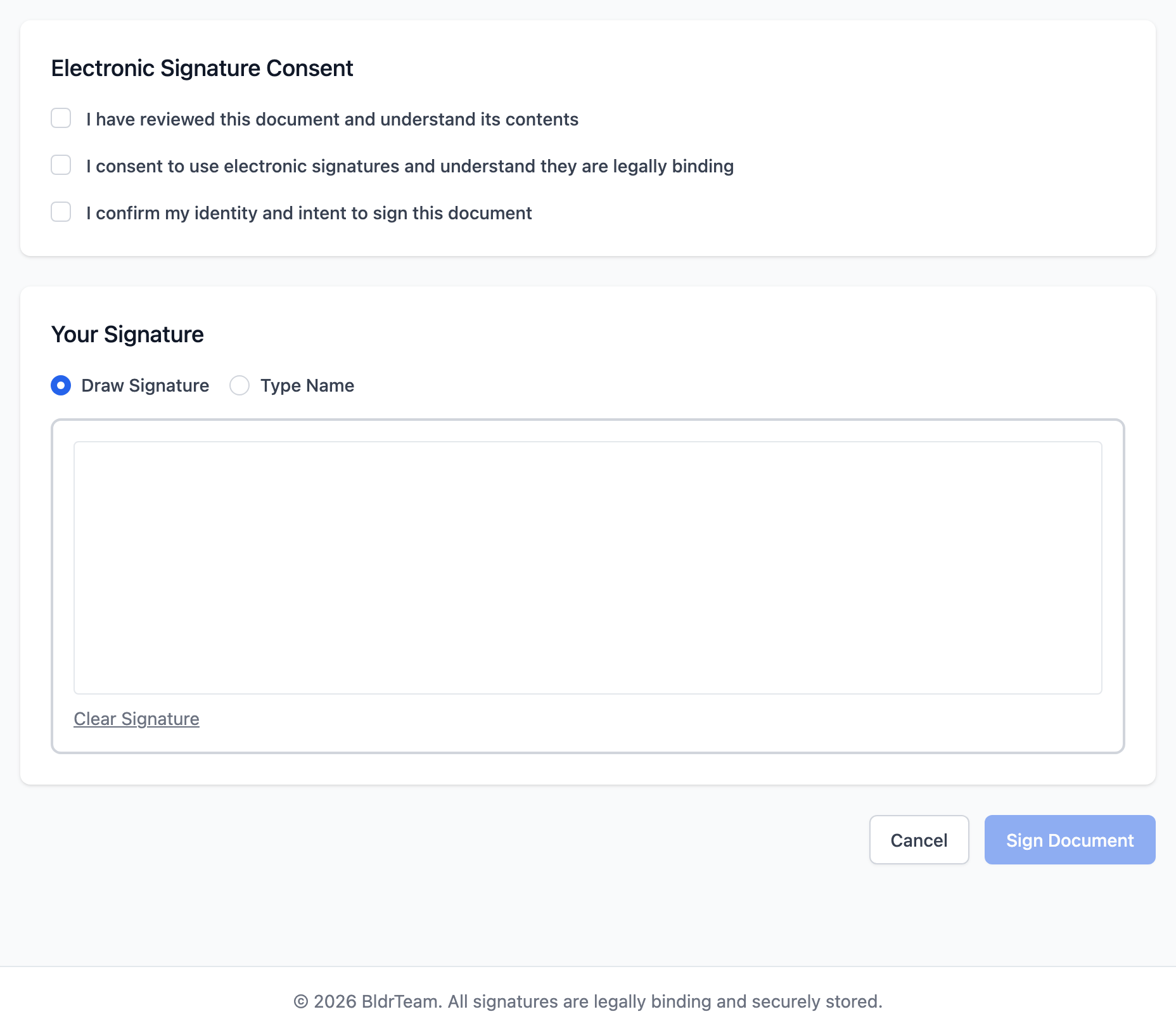 The signing page: three consent checkboxes, a signature drawn or typed, and the Sign Document button