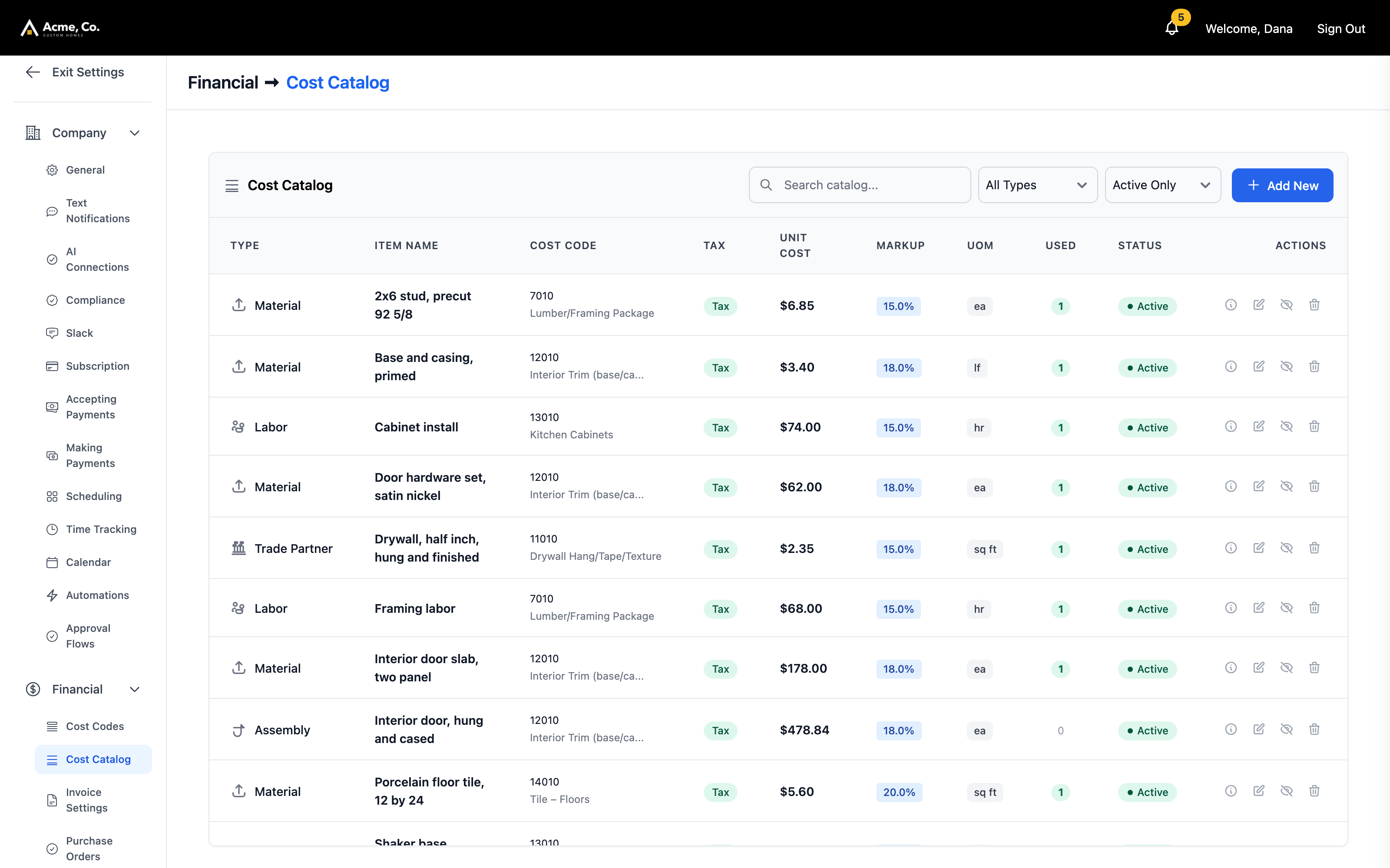 The cost catalog, with each item's code, unit cost, markup and unit