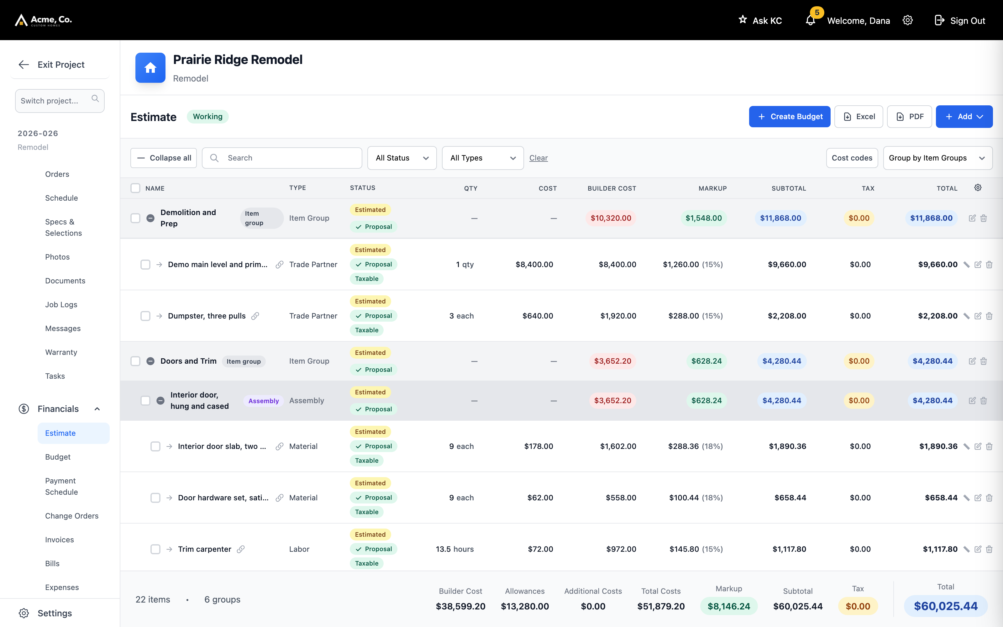 An estimate with item groups, an assembly and its components, and totals rolling up