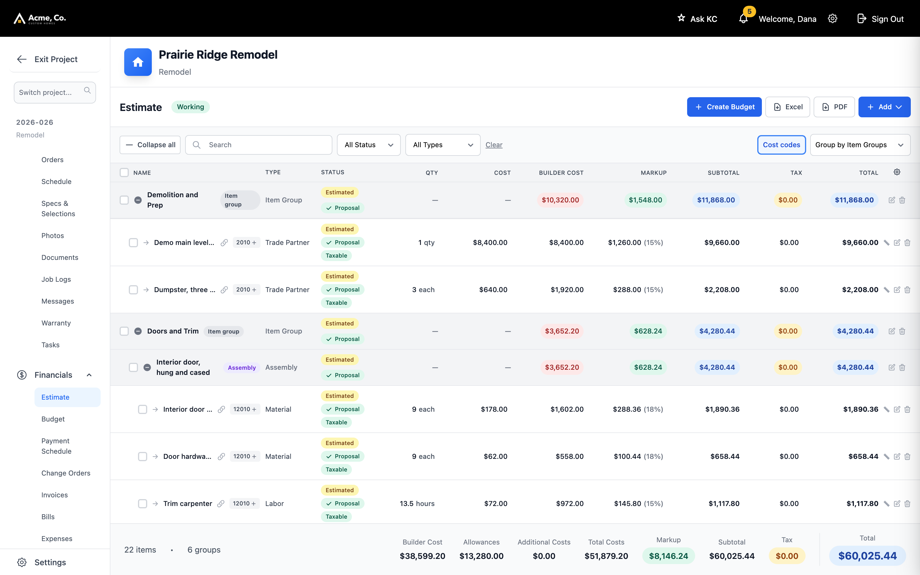 The same estimate with the cost code shown on every row