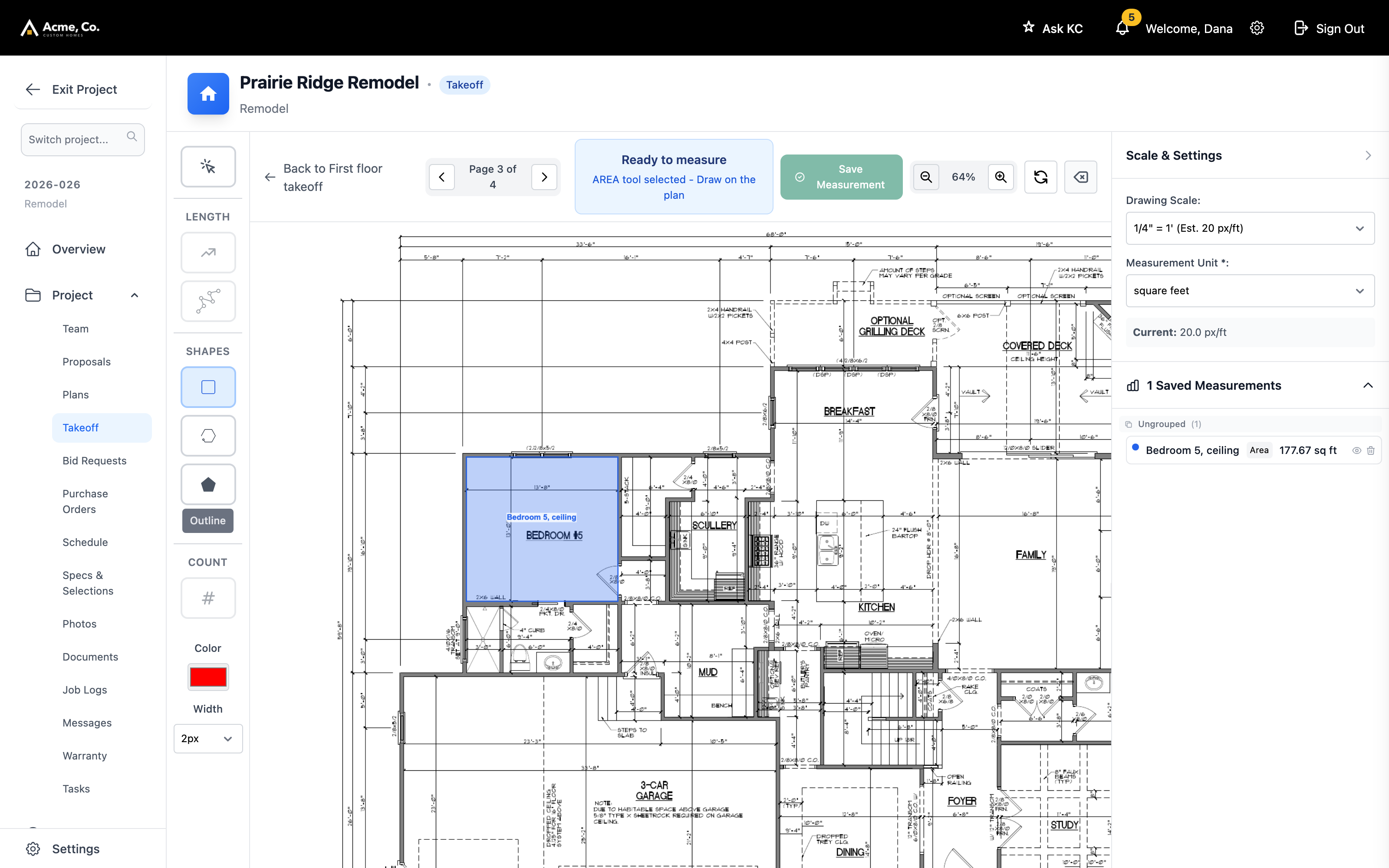 A room measured on the first floor sheet, saved against the estimate line it feeds