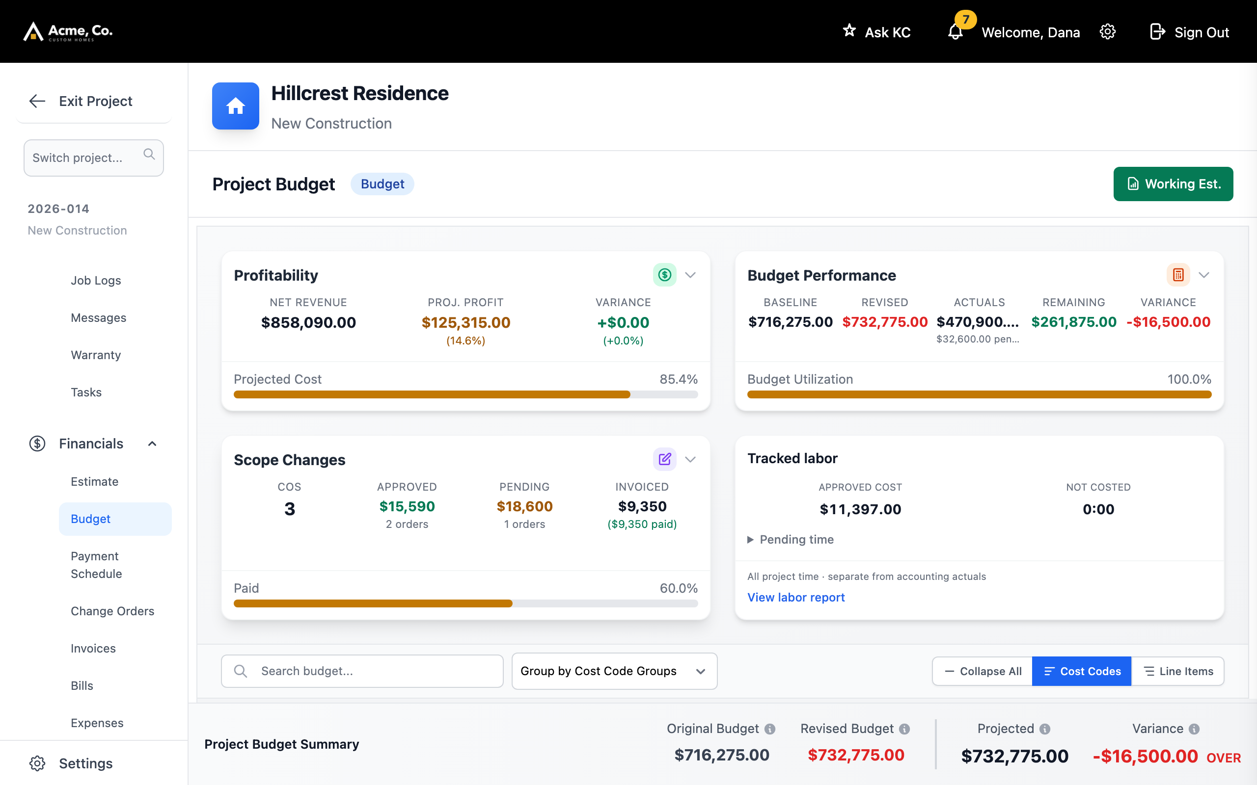 A project budget with actuals, remaining and variance