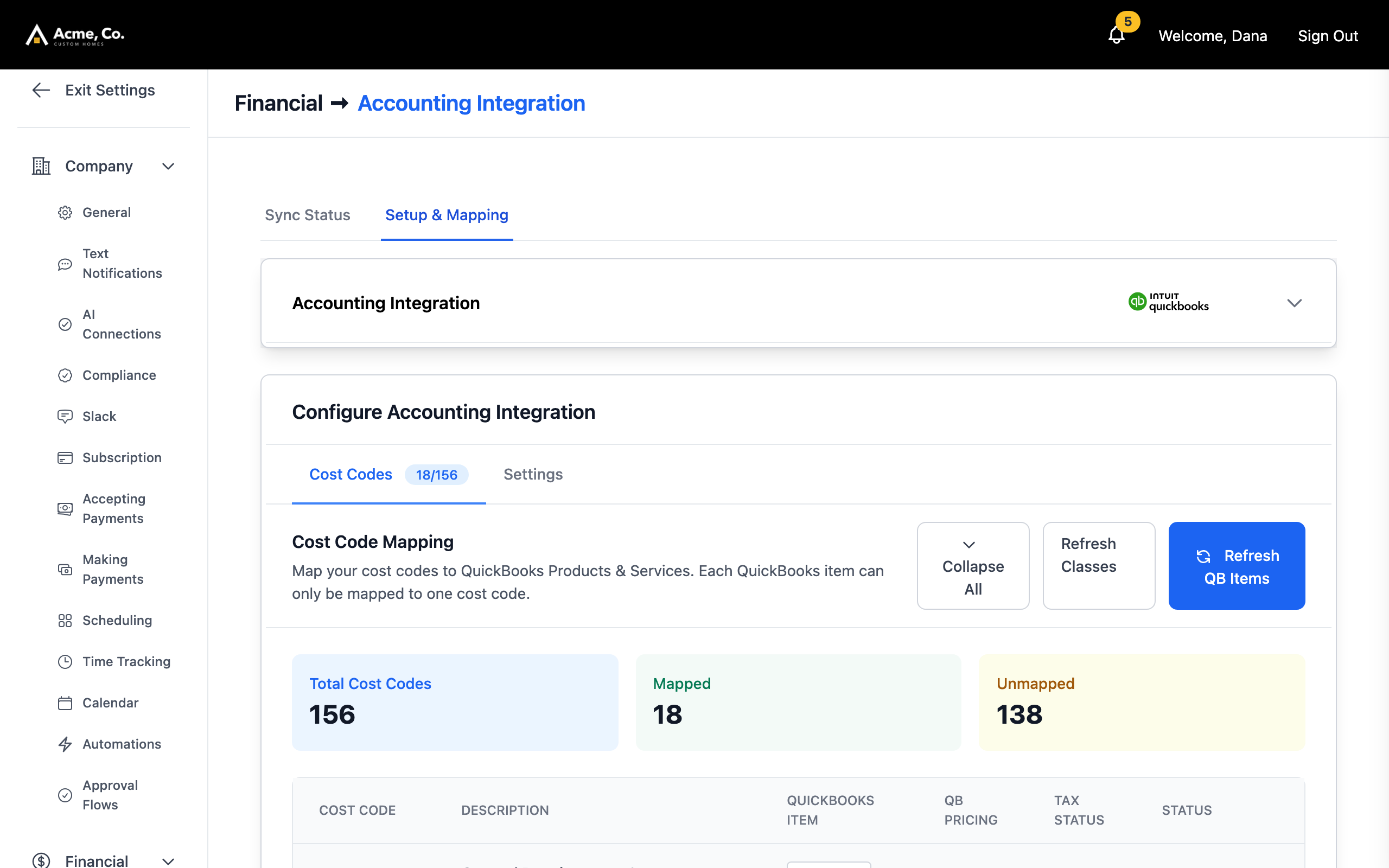 Cost codes mapped to QuickBooks items and accounts