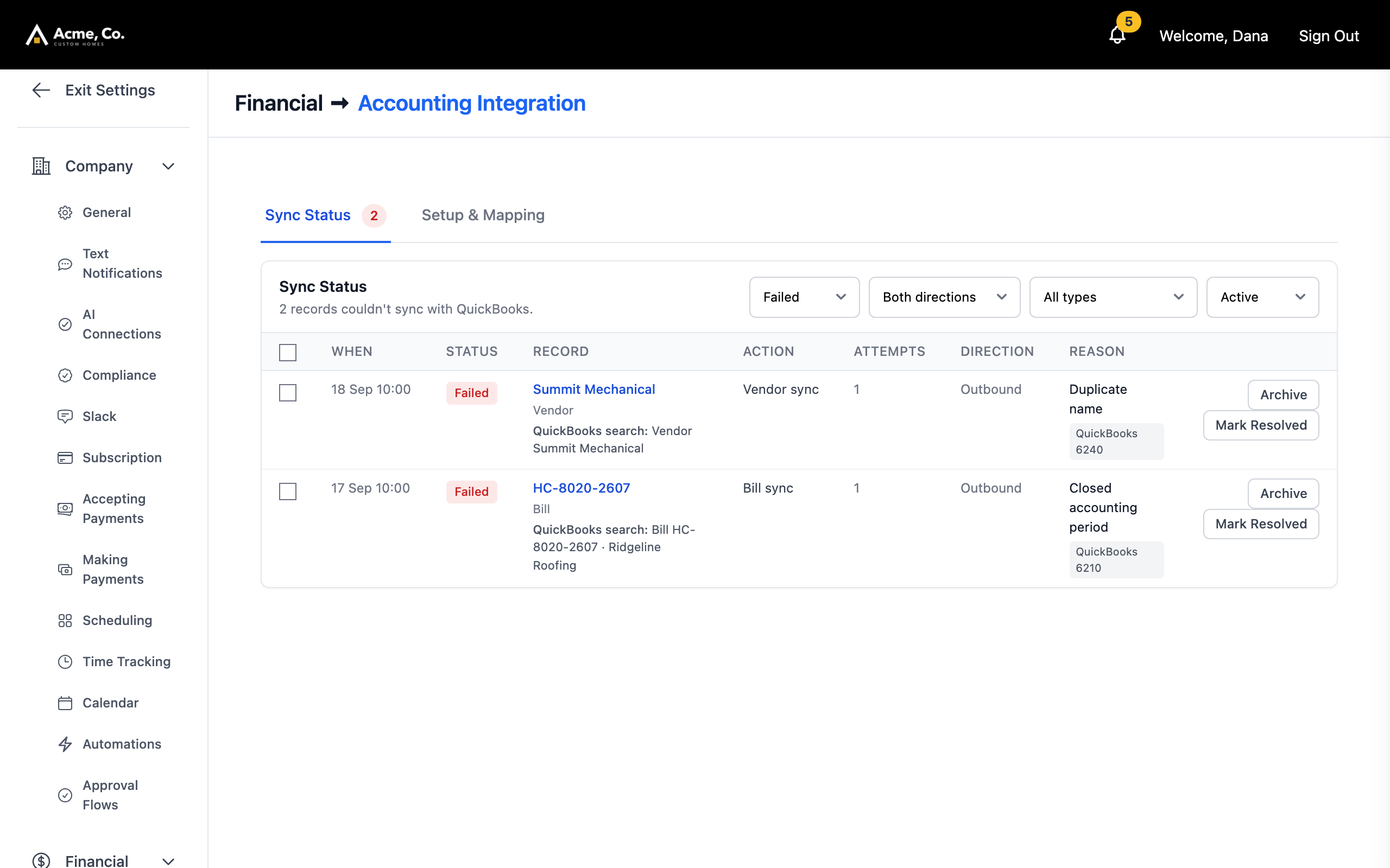 The sync console, listing what failed to reach QuickBooks and why