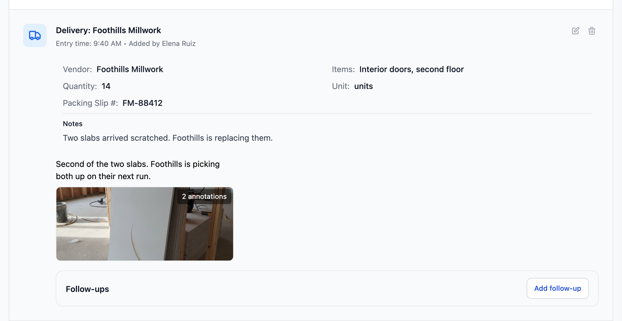 A site photo marked up on the entry, with its note underneath