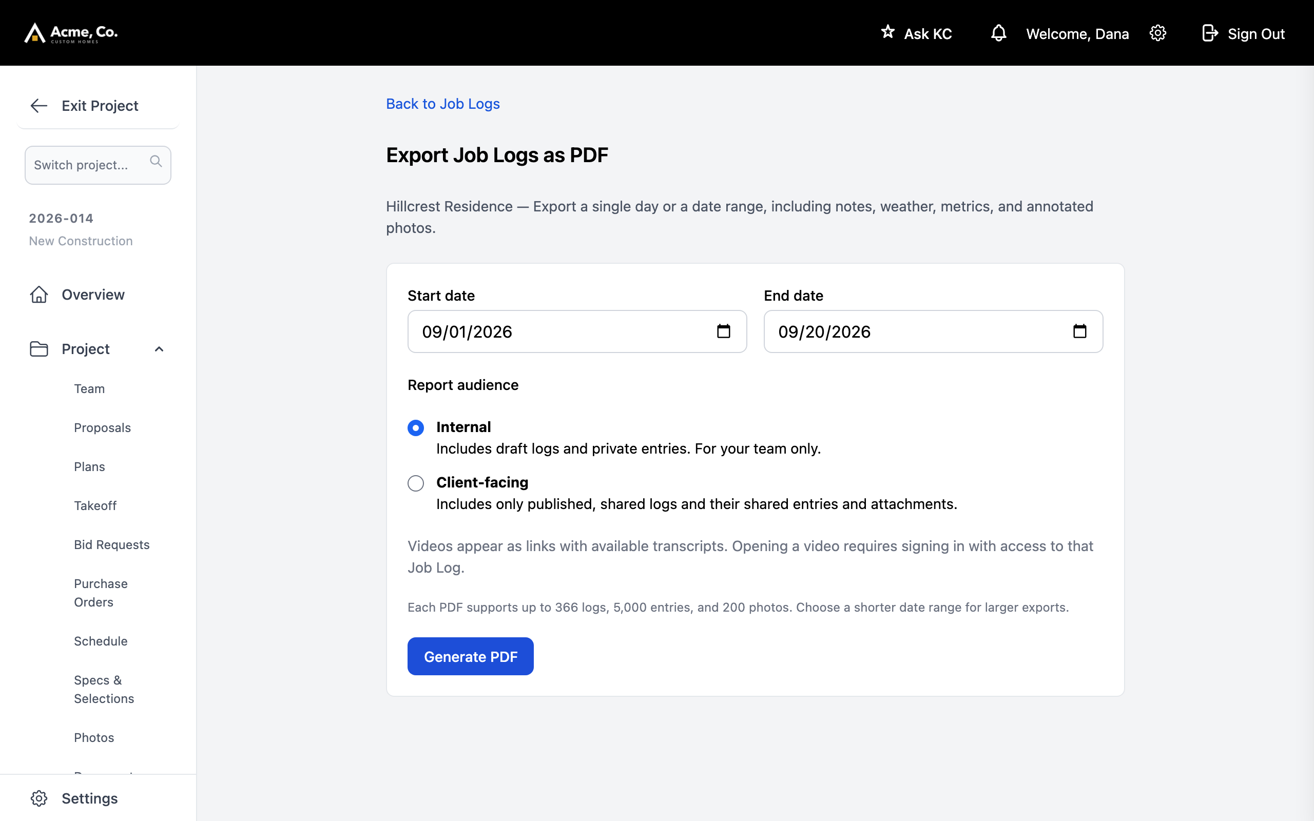 Exporting a date range as a PDF