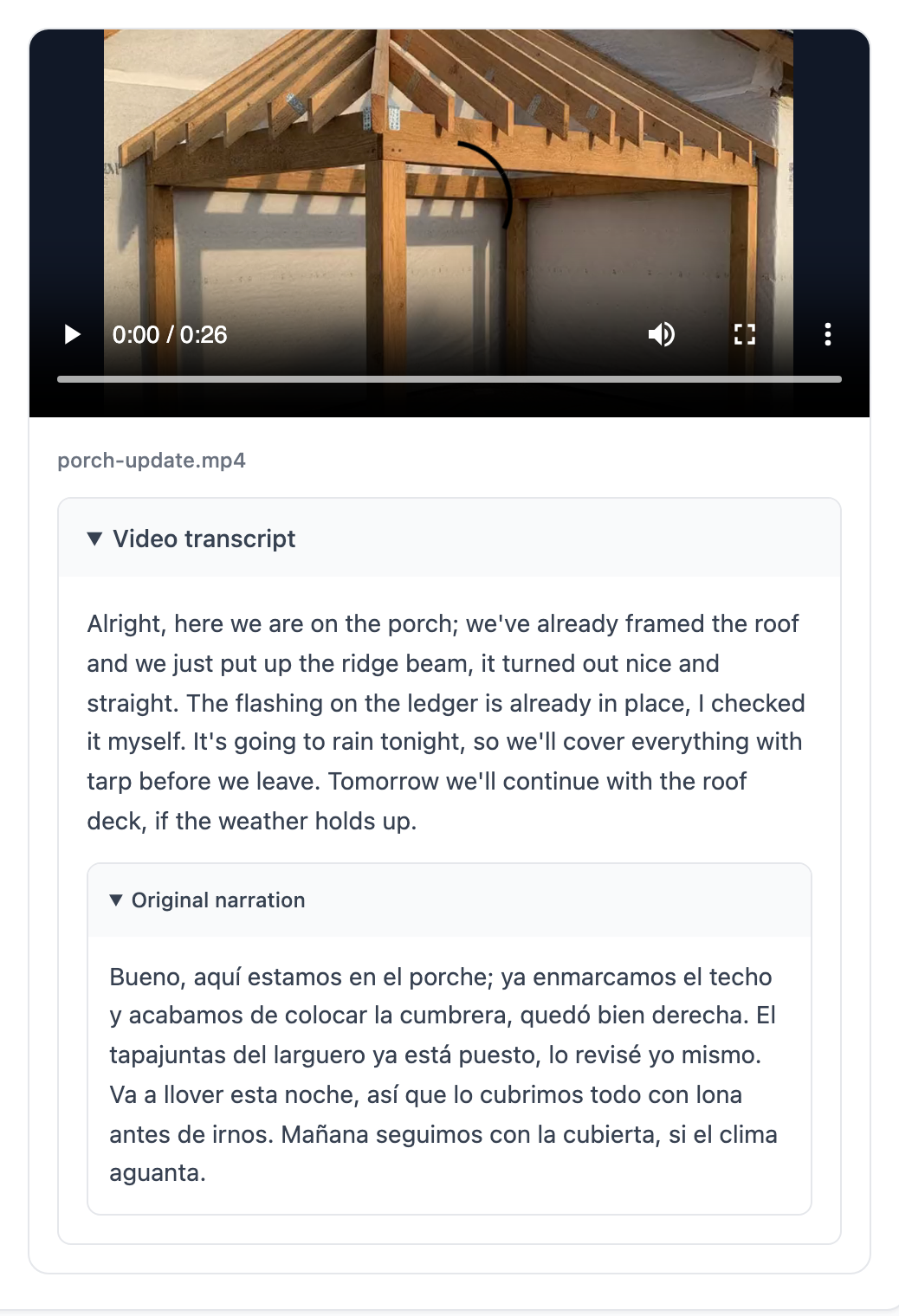 A video update transcribed into English, with the original Spanish below