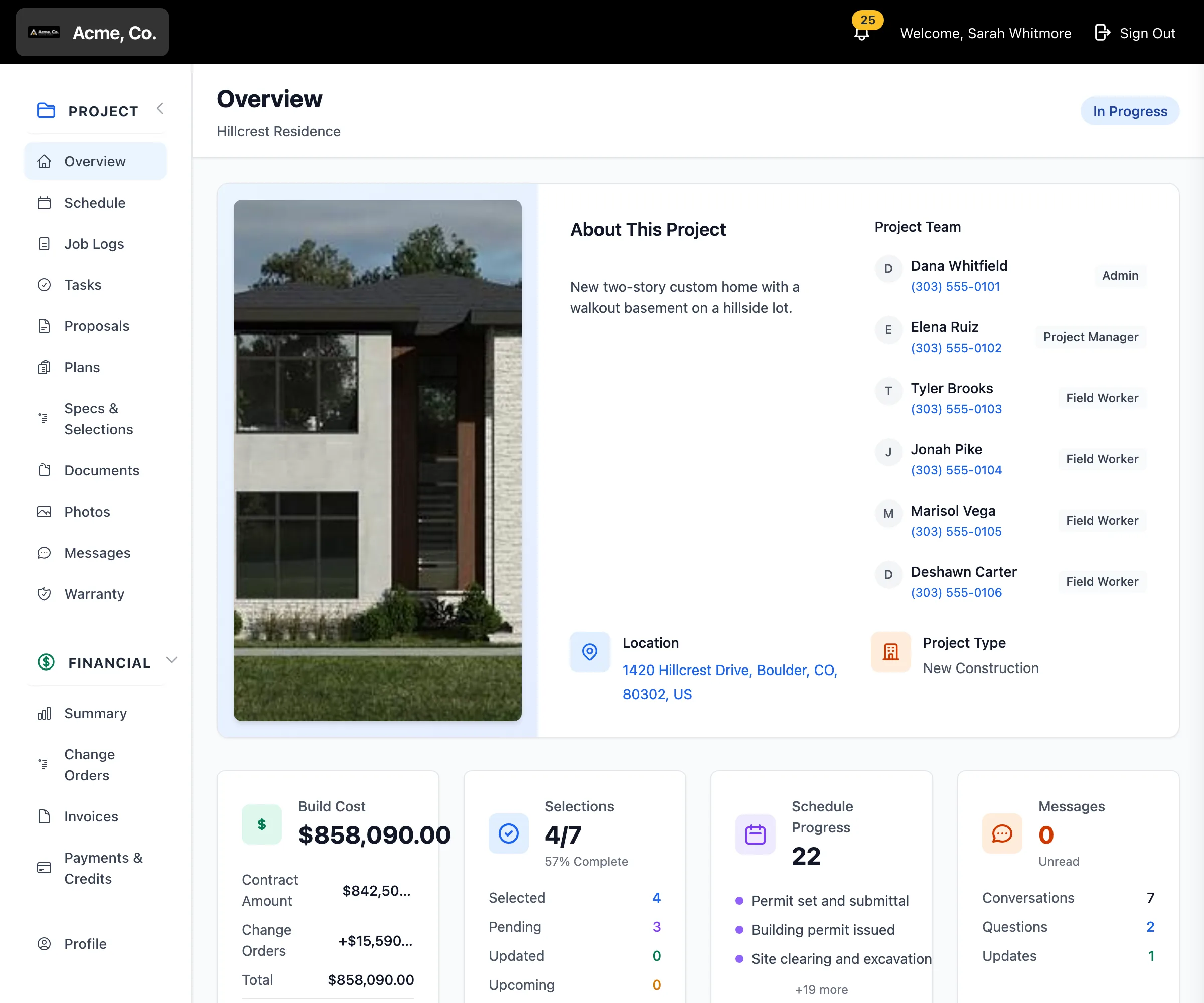 BldrTeam client portal with schedule, selections and project updates