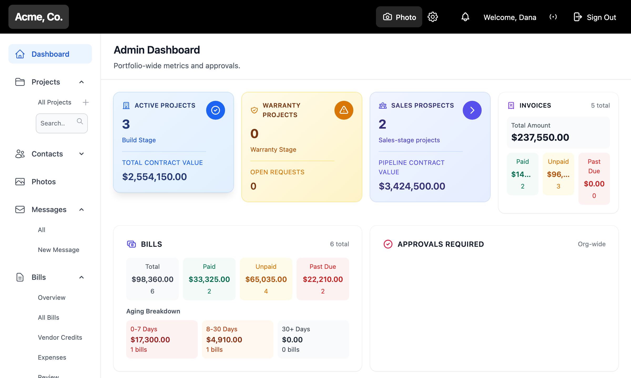 BldrTeam builder dashboard showing active projects, contract value, bills and invoices
