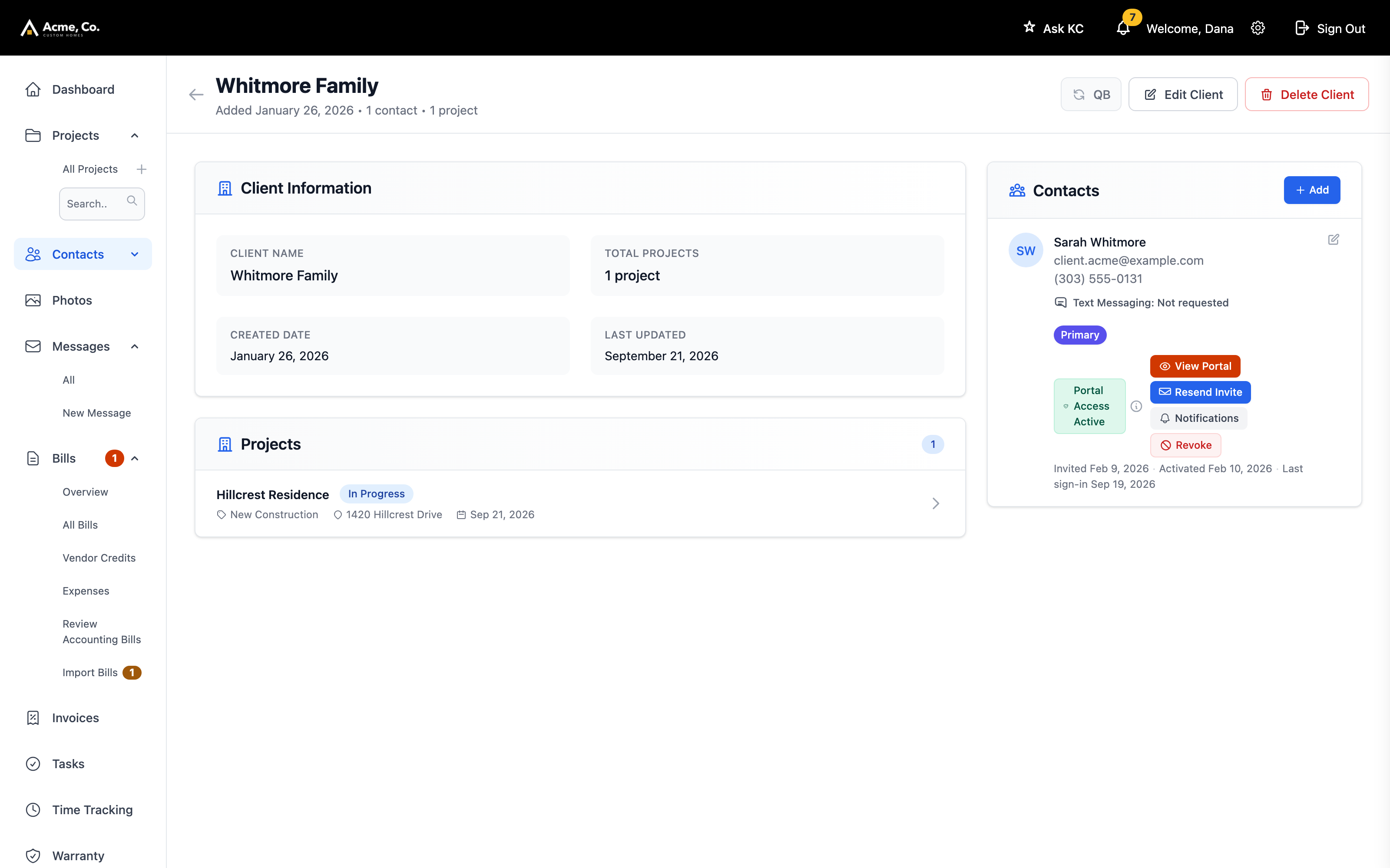 A homeowner's profile with their contact, their portal access and the job they are building