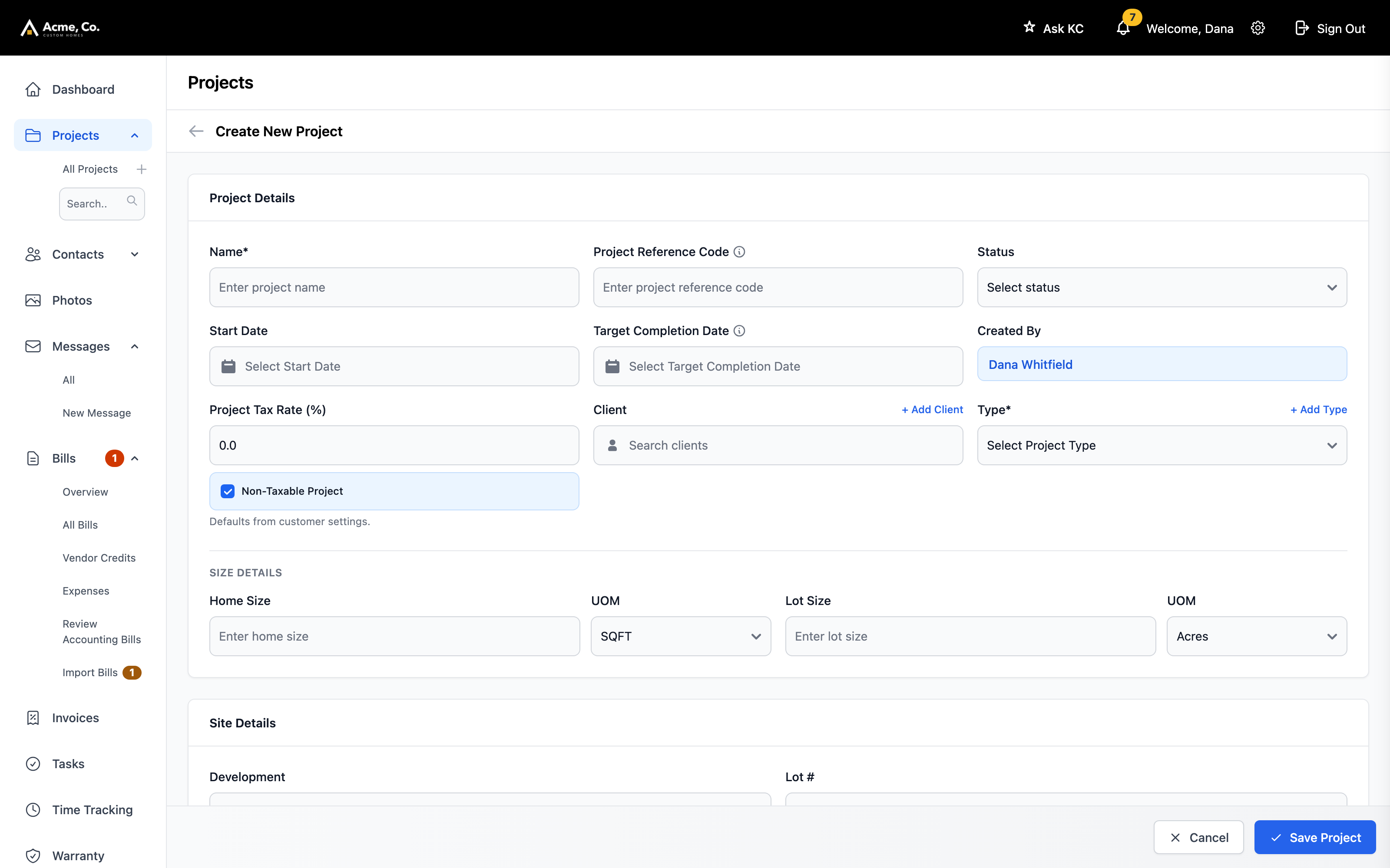 The new project form, with the client, the type and the dates on it