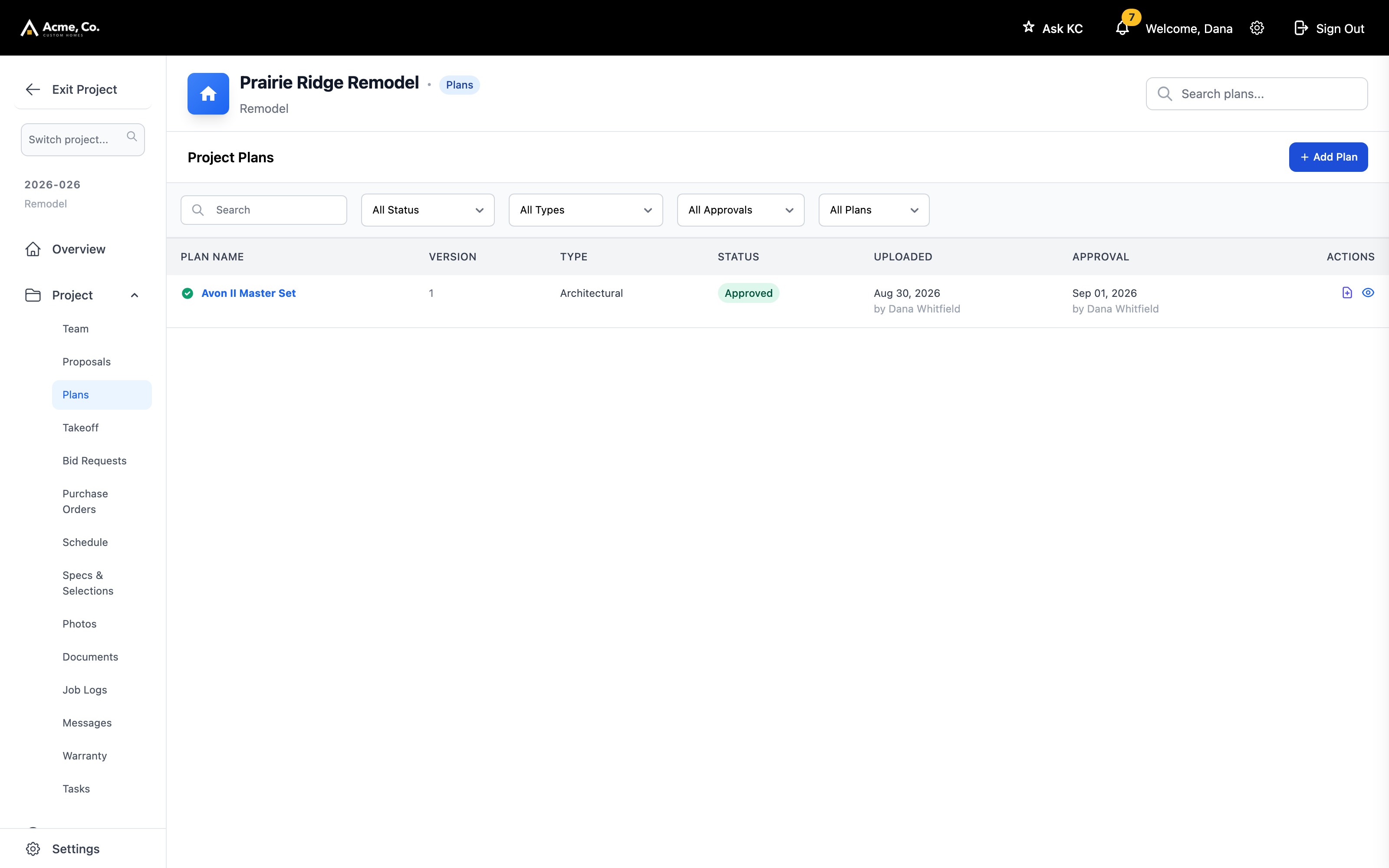 A job's plan set with its version, type, status and approval