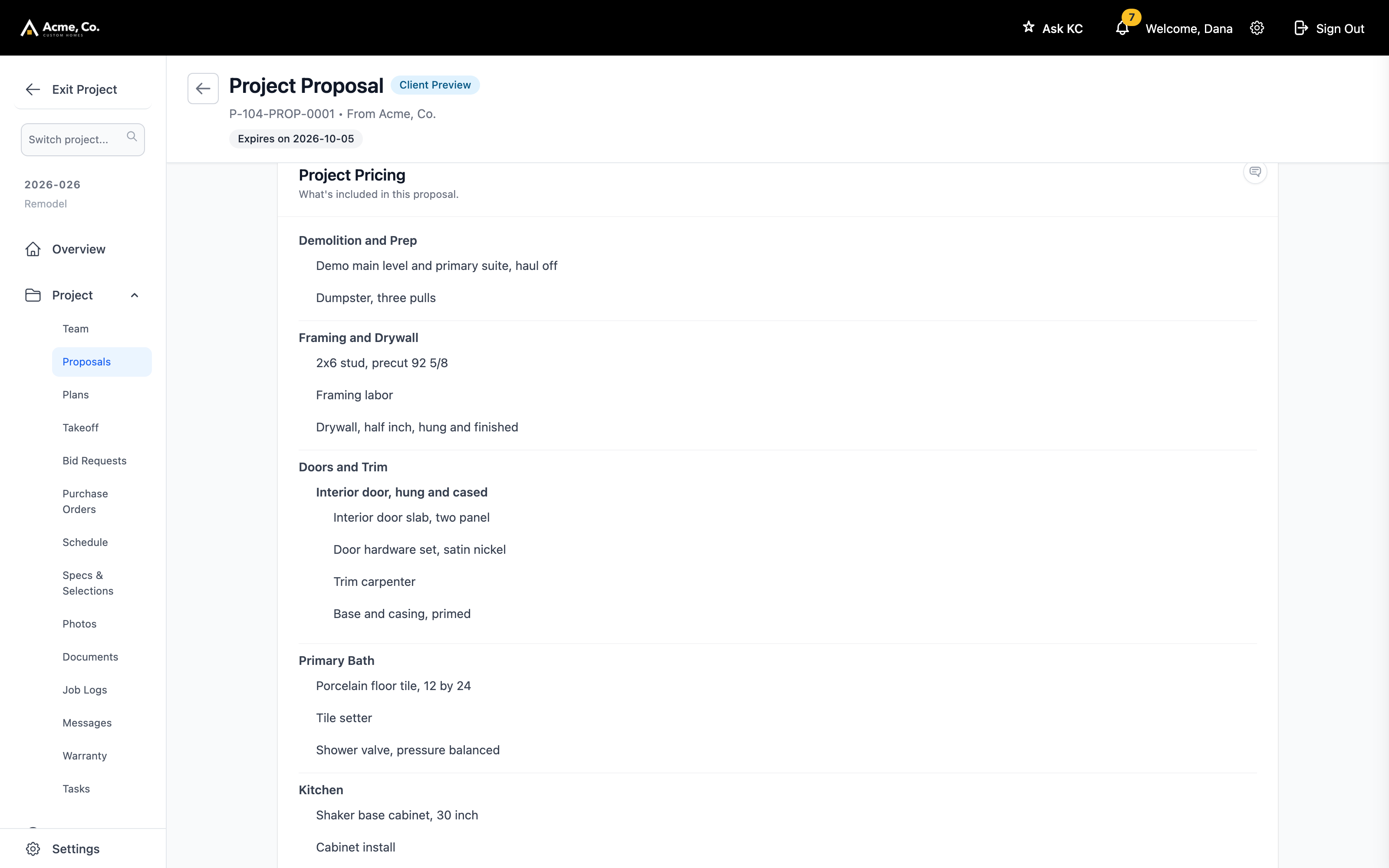 What the client opens: the scope itemized by trade, straight off the estimate