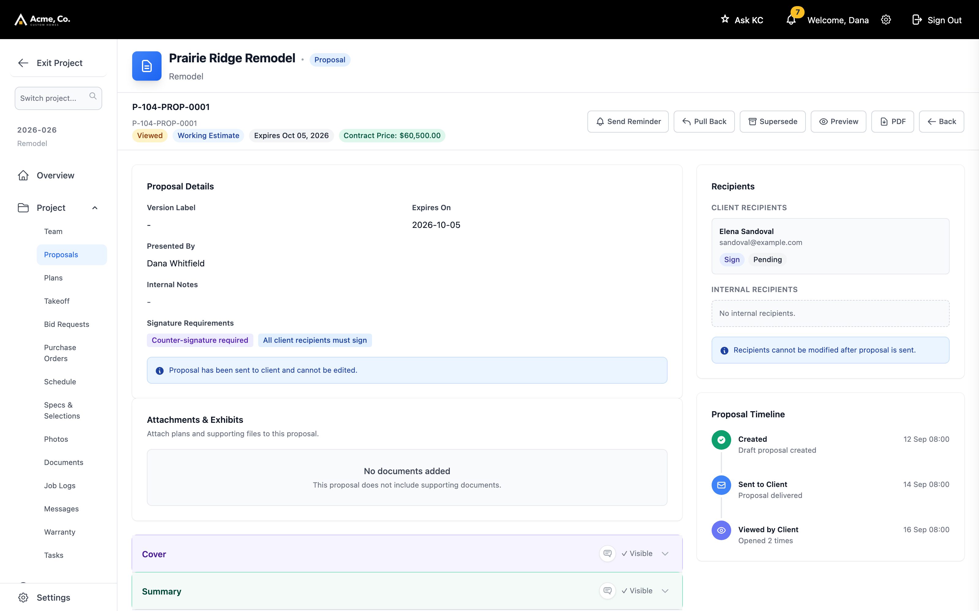 A proposal with its cover, recipients and e-signature status