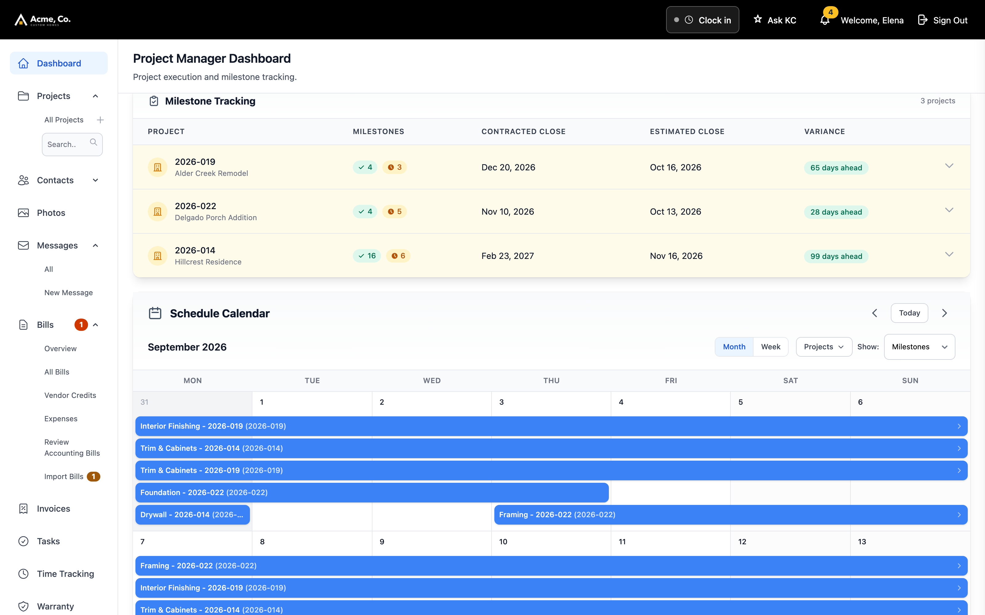 A project manager's dashboard with each job's contracted close, estimated close and the variance between them