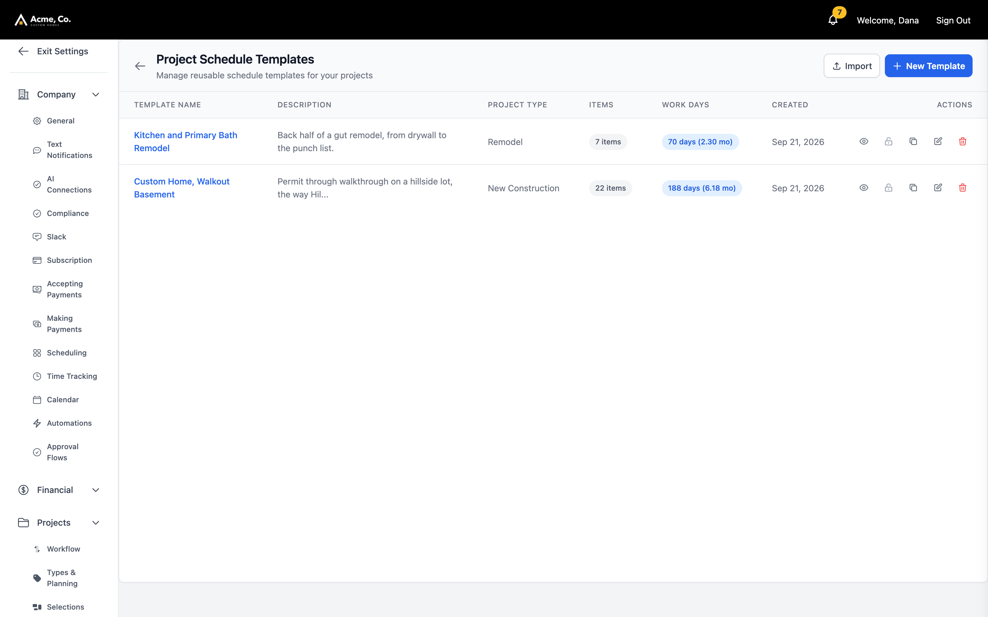 Two saved schedule templates, each with its phase count and the work days it runs to