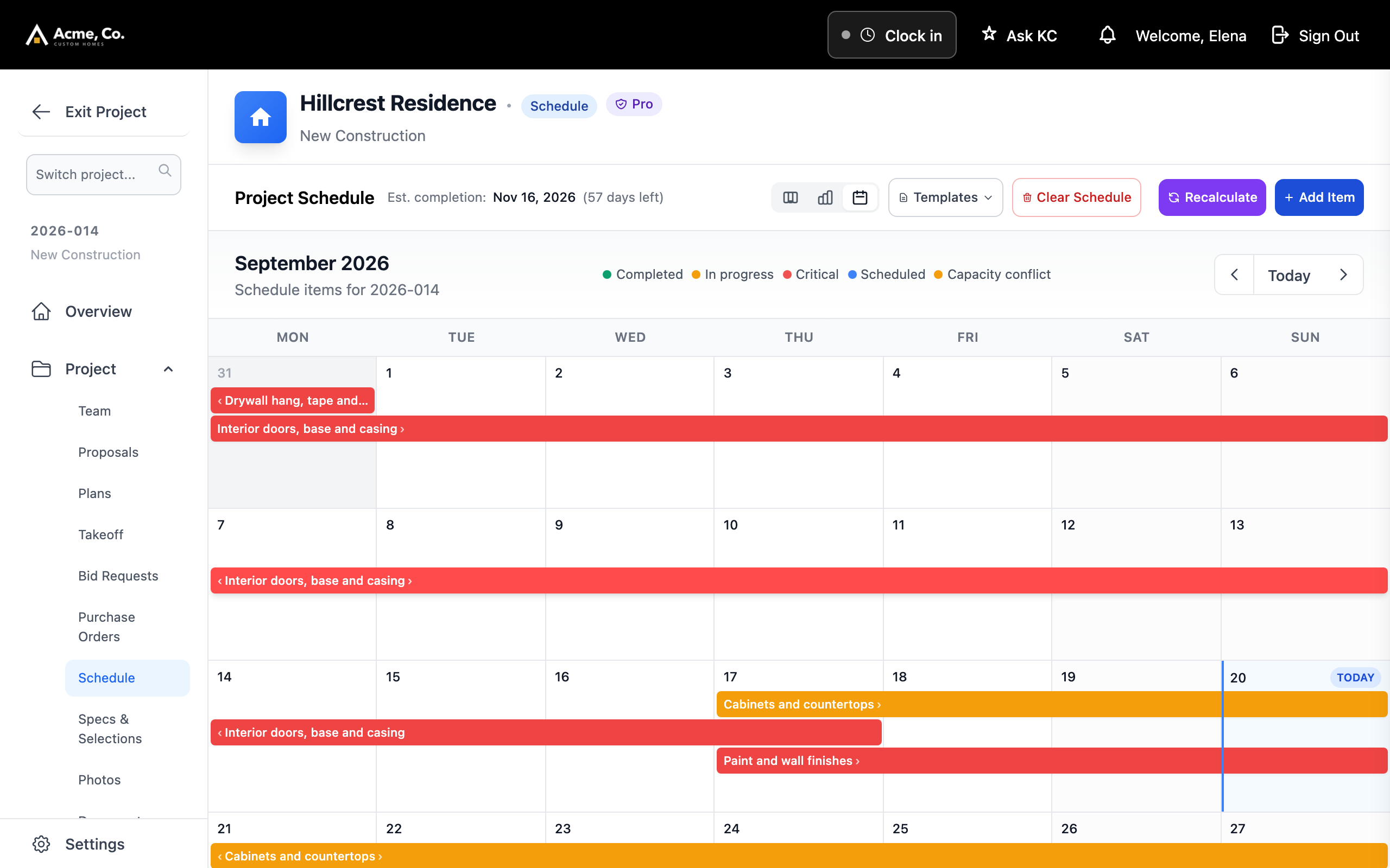 The month view with today marked and items colored by status