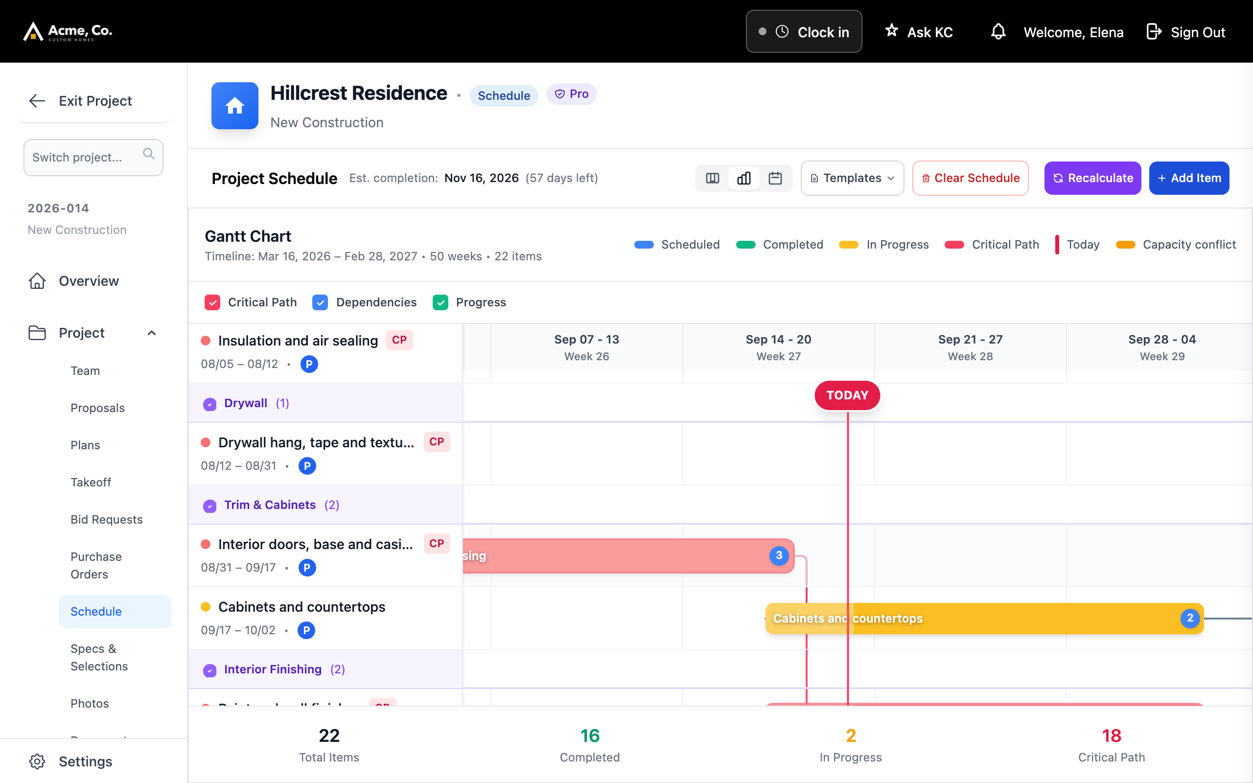 A Gantt chart with the critical path and today's line