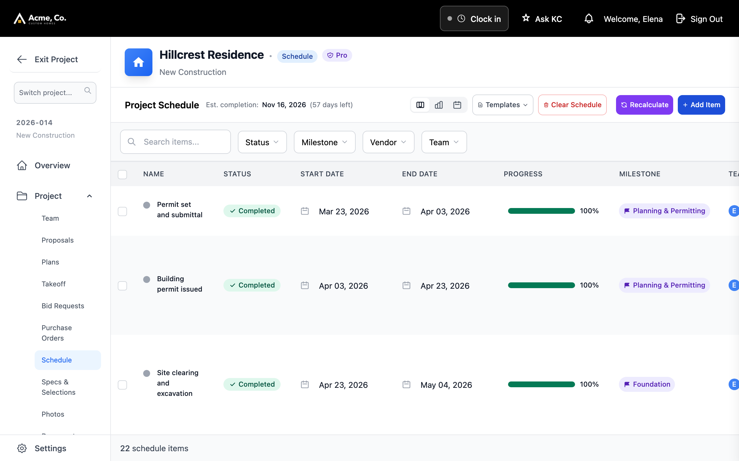 The schedule as a filterable list with status, dates and progress