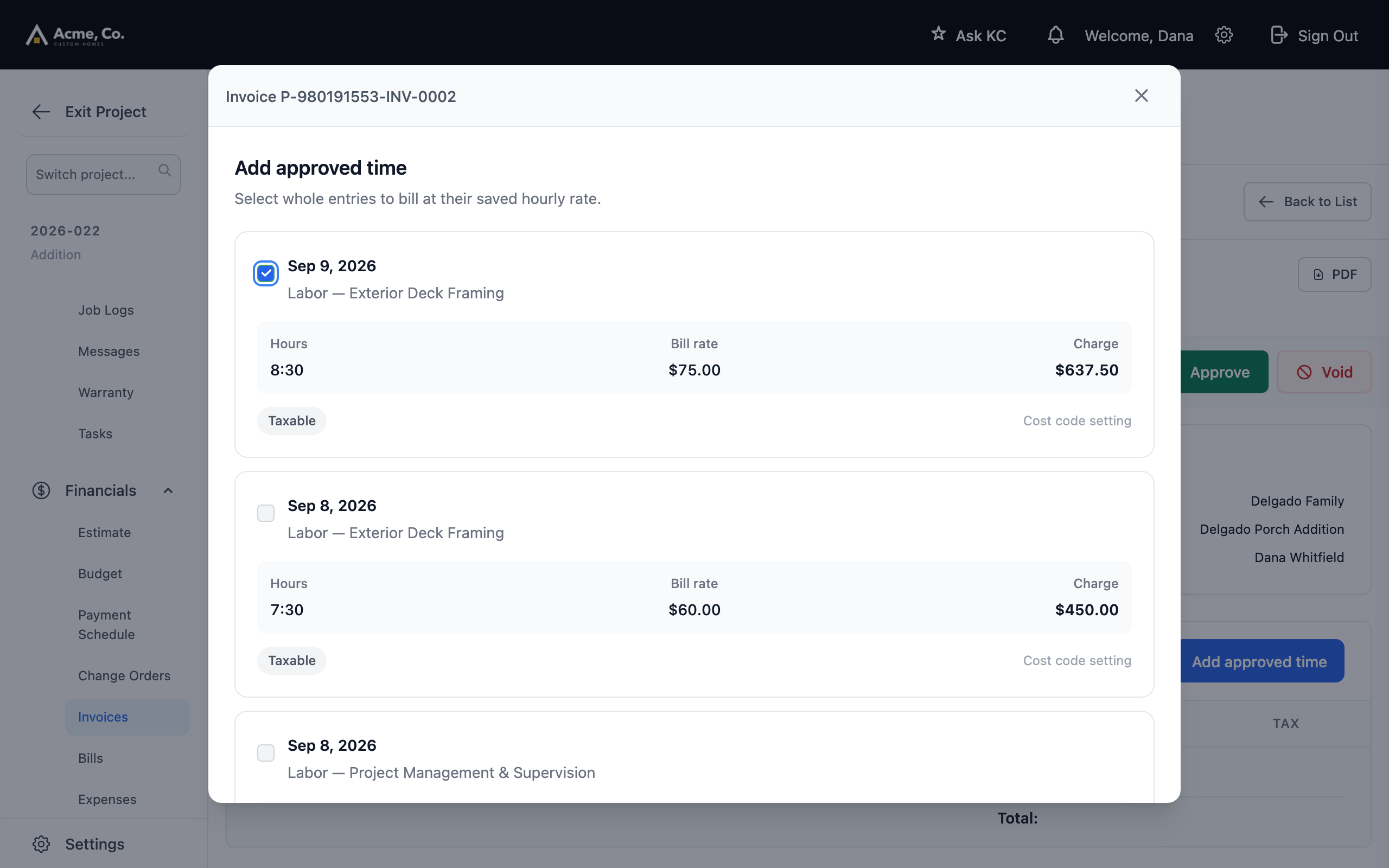 Add approved time on a draft invoice, with each entry's hours, bill rate, and charge