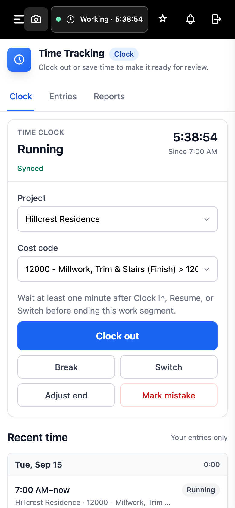 The Time Clock running on a phone, with Clock out, Break, and Switch