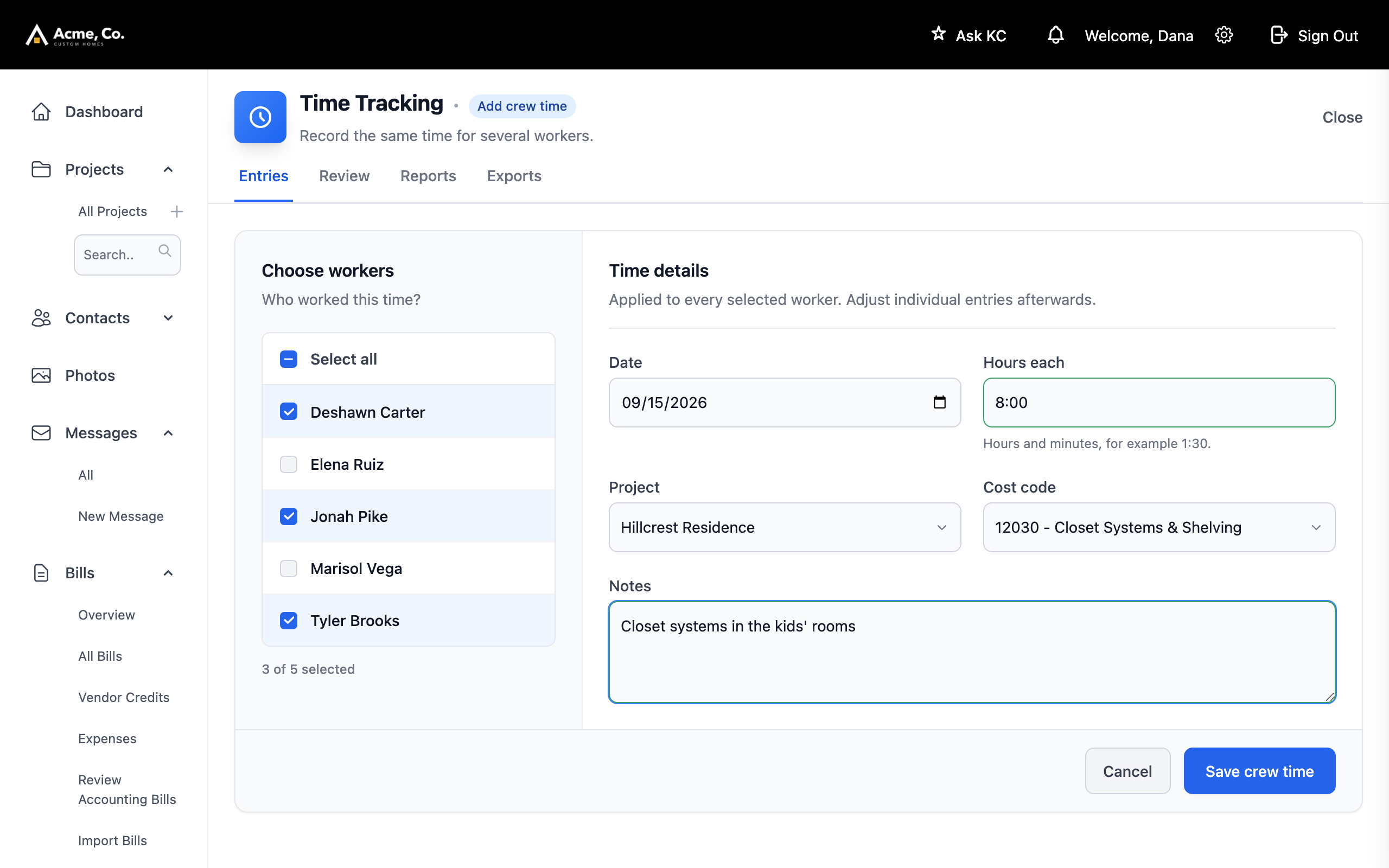 Add crew time with three workers checked, the hours each, project, and cost code