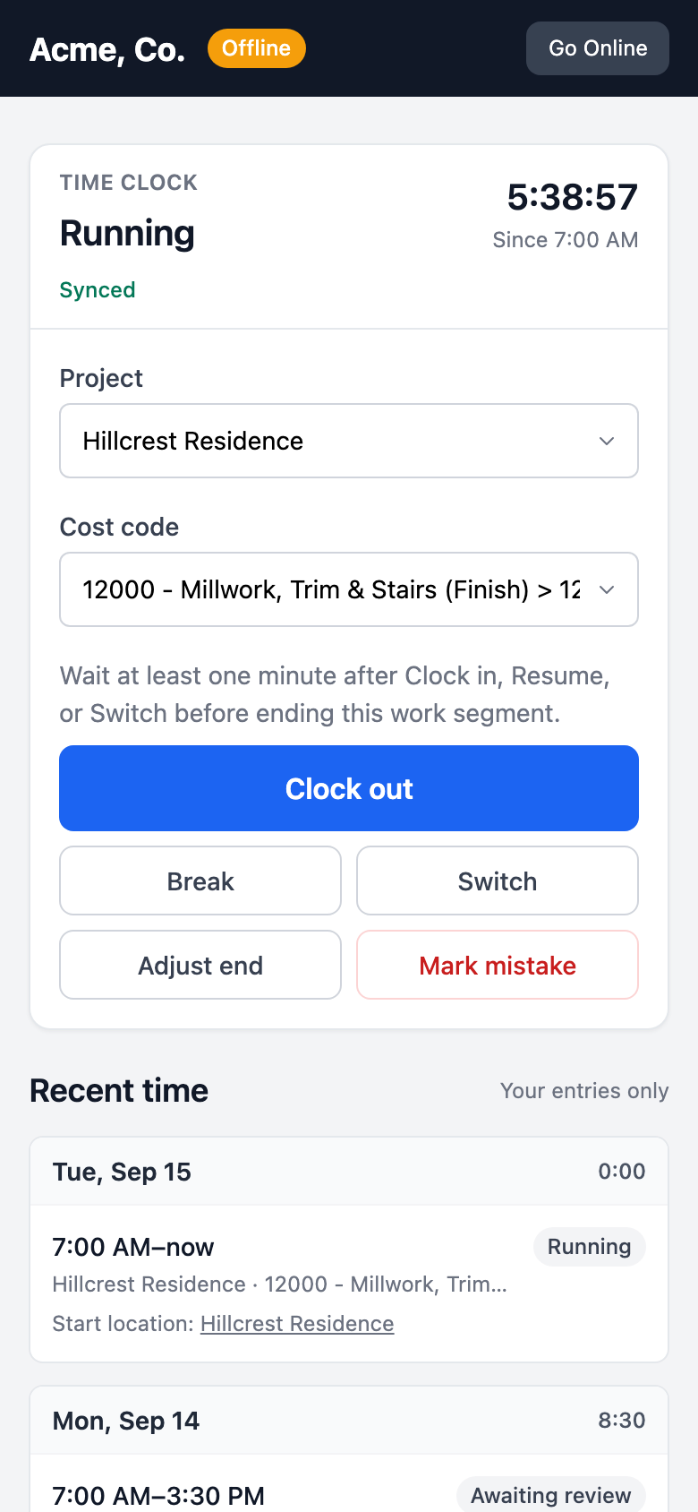 Offline Mode on a phone, with the Time Clock still running