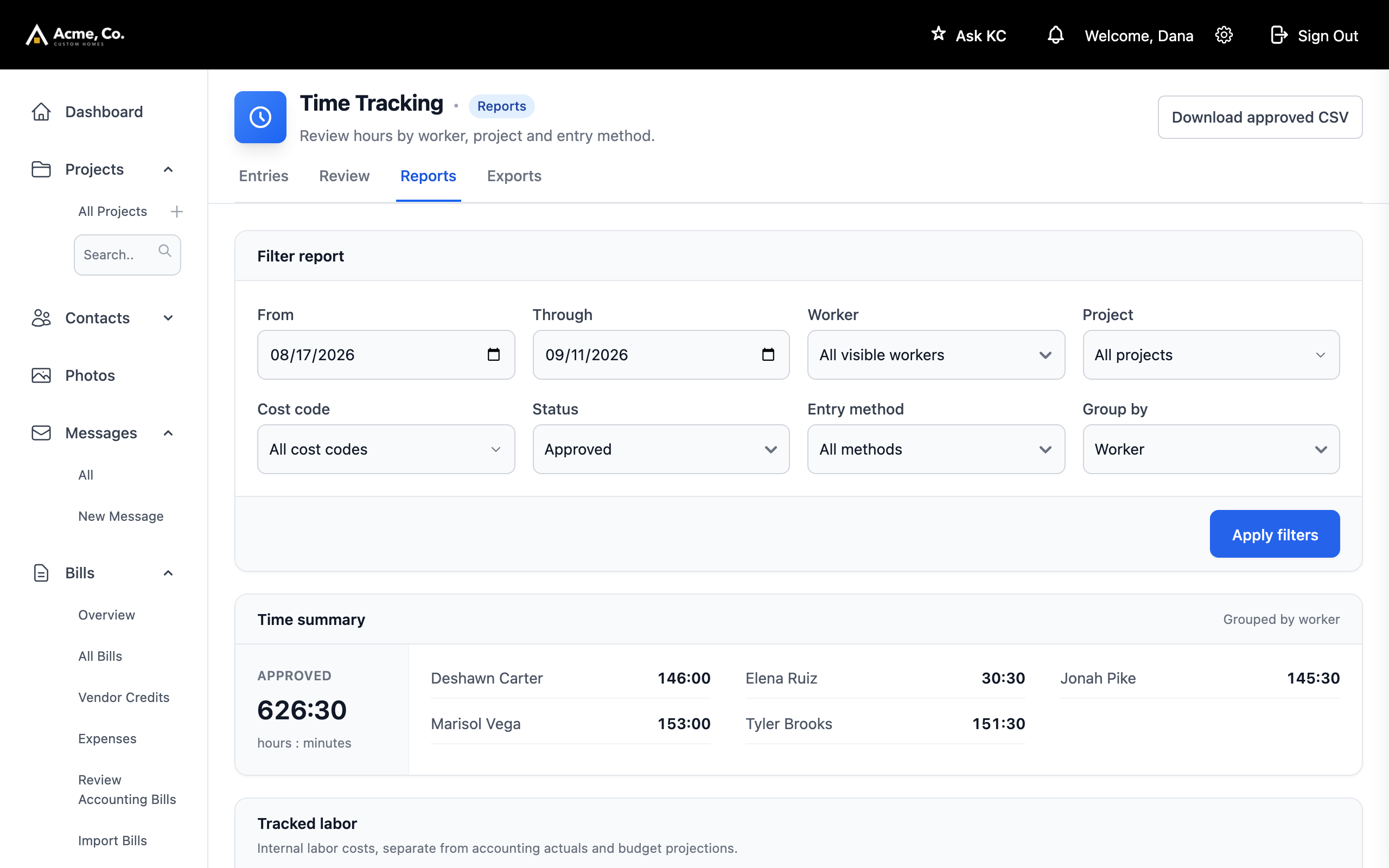 Time reports with approved hours grouped by worker