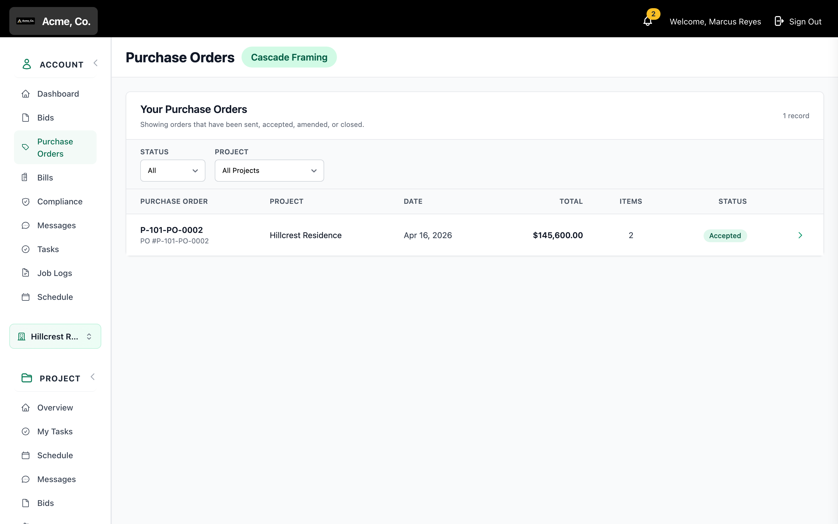 Purchase orders with their number, job, total and status, an accepted one among them