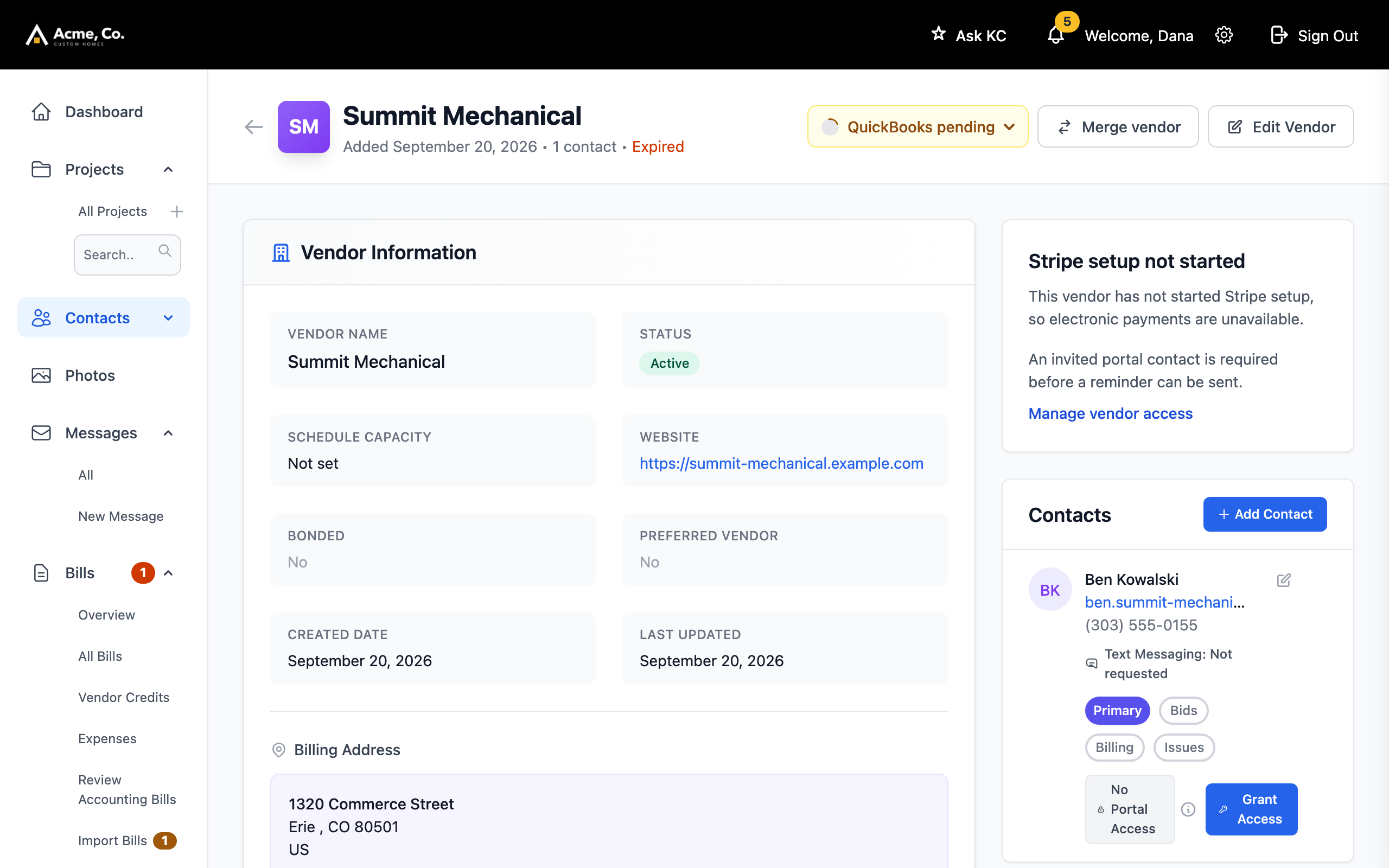 A vendor profile with its contacts and portal access